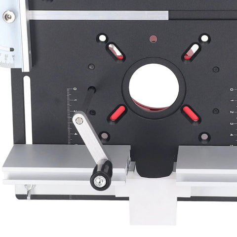 Heavy Duty Aluminum Router Lift Kit And Table Insert Plate With Stainless Steel Mounts For Serious Woodworking And Milling Work close-up of adjustable router plate