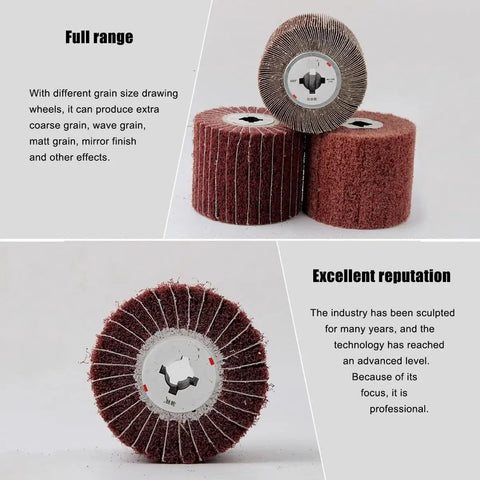 Heavy Duty 3-Pc Nylon Wire Polishing Wheel Set For Metal Grinding With 60 To 320 Grit Abrasive Cloth Pads stacked, ideal for coarse to fine finishing.