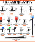Size and quantity chart for 240Pcs Barbed Connectors Drip Irrigation Fittings Kit with tees, valves, elbows, and plugs.