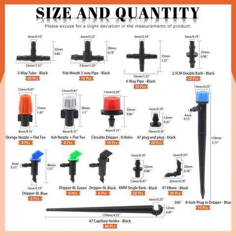 Size and quantity chart for 240Pcs Barbed Connectors Drip Irrigation Fittings Kit with tees, valves, elbows, and plugs.