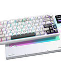 Slick Pro Wireless Aluminum 75 Percent Mechanical Keyboard With Custom LCD Display Gateron Zero Switches And Killer RGB Lighting For Your Daily Driver Rig, shown from the side with RGB lighting.