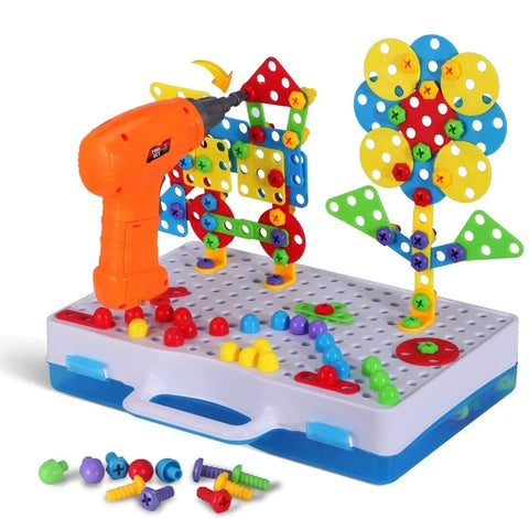 244 Piece Electric Screwdriver Building Kit For Kids 4 To 10 Years Old DIY Construction Blocks with colorful bolts and base grid