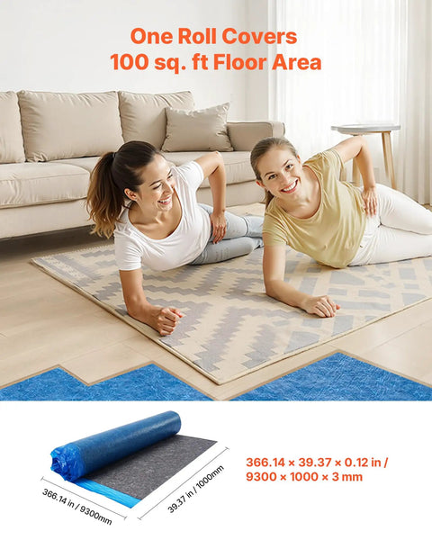 Two women using Heavy Duty Floor Underlayment Roll 3 Mm Thick Laminate Flooring Padding With Vapor Barrier over 100 square feet.