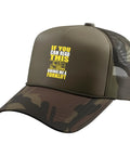 Forklift Operator Warehouse Statement Trucker Hat With Adjustable Mesh Back In Camo Green, front view with text design.