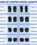 Front view: ZKTOOL 19pc Turbo Leak Tester Kit with 8 pairs of stepped adapters; black fittings with blue A/B rings.