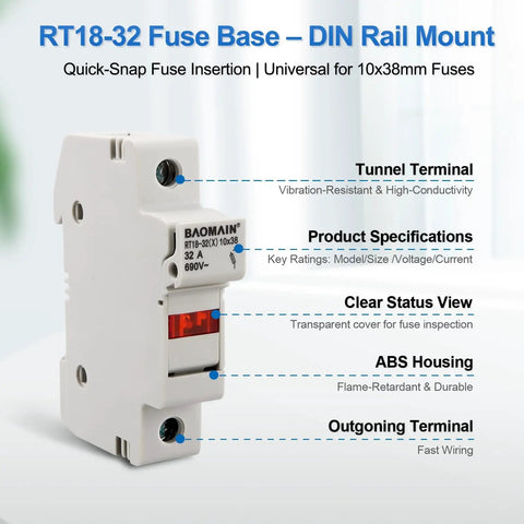 Image showing 5 Pack RT18 32 X 1P DIN Rail Fuse Holder 32A 690V AC with LED indicator, focusing on terminal details and housing material.