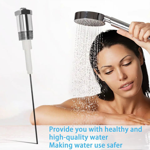 Electric Anode Rod For Water Heaters That Zaps Rotten Egg Odor Kicks Sulfur Smell To The Curb Extends Heater Life next to woman showering