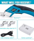 Smooth Cruising Cordless Electric Scissors 37 Volt Rechargeable Fabric Cutter With Dual Blades, USB cable and two blades shown.
