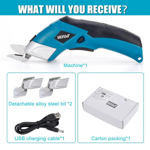 Smooth Cruising Cordless Electric Scissors 37 Volt Rechargeable Fabric Cutter With Dual Blades, USB cable and two blades shown.