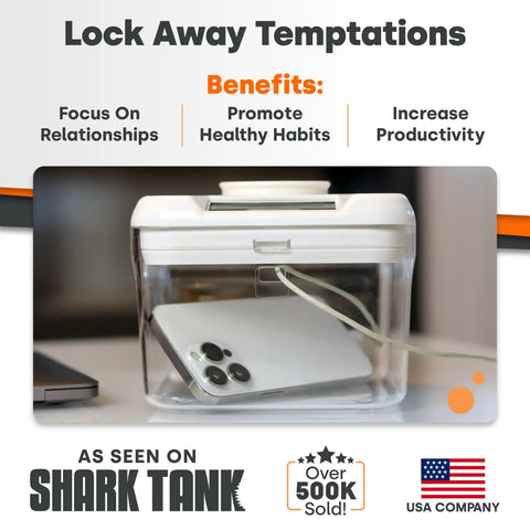 Heavy Duty Digital Timer Lock Box For Phones And Snacks Clear Base Habit Breaking Safe, showing smartphone inside with timer.