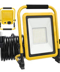 Front view of Dual 50W And 80W LED Work Light With 108 LED Beads, Portable Flood Light On Stand with 16.4 feet cord coiled