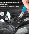 9-piece automotive hose clamp pliers set with blue handles; long-reach swivel-jaw pliers gripping a radiator hose clamp