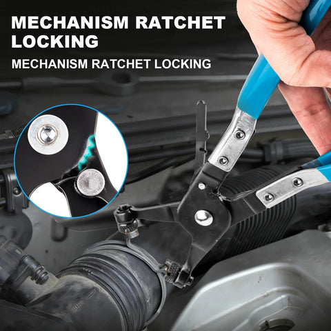 9-piece automotive hose clamp pliers set with blue handles; long-reach swivel-jaw pliers gripping a radiator hose clamp