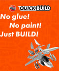 Harrier Fighter Jet Quick Build Model Kit for Adults and Kids No Glue No Paint Snap Together Plastic Aircraft Building Set Fun Engineering Toy Gift Idea disassembled against orange background.