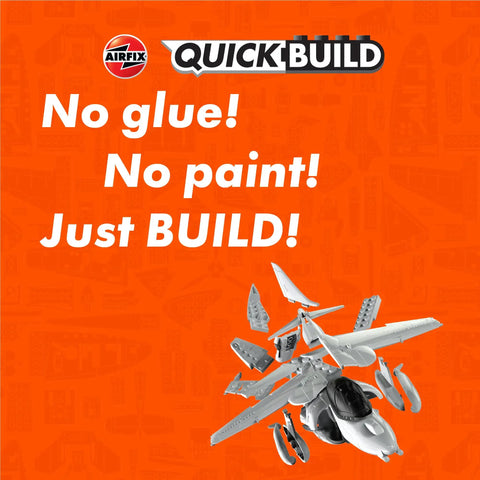 Harrier Fighter Jet Quick Build Model Kit for Adults and Kids No Glue No Paint Snap Together Plastic Aircraft Building Set Fun Engineering Toy Gift Idea disassembled against orange background.
