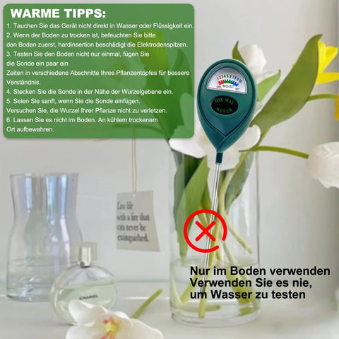 2 Pack Soil Moisture And pH Meter Kit No Battery Required next to flower vase illustrating indoor use with digital dial display