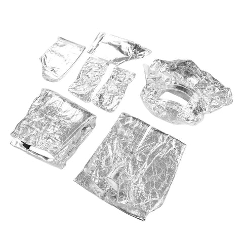 Heavy Duty Aluminum Foil Heat Insulated Suit Takes The Heat At 1200 Degrees Fire Retardant Industrial Safety Gear, various parts laid out.