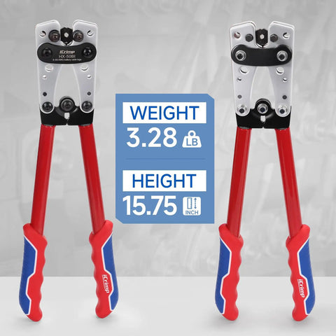 Beast Mode Heavy Duty Cable Lug Crimping Tool For AWG 8 To 1/0 Battery Cables, red handles and size details shown