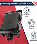 Straight Shot Heavy Duty Engine Compartment Fuse Box With Loaded Relay Cover Junction Block Wiring Harness No Sweat Bolt On For Chevy Suburban Tahoe Gmc Yukon Escalade 2015 2020 against a red background, showcasing durable design and connectors.