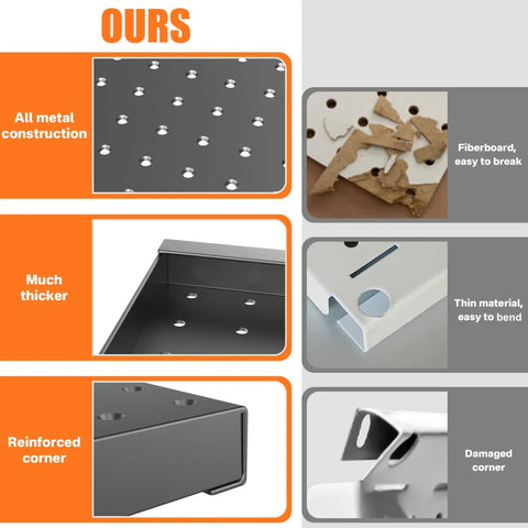 Garage Tools Organizer Board Kit With Hooks Four Black Wall Mount Panels For Easy Tool Storage Heavy Duty Hooks Pro Grade Durability Slick Black Finish Garage Organization System For Tools Declutter Your Space image highlighting metal construction, thickness, and reinforced corners.