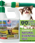 All Natural Flea And Tick Yard Spray For Outdoors With Essential Oils, Pet And Family Safe, shown with dog and yard scene.