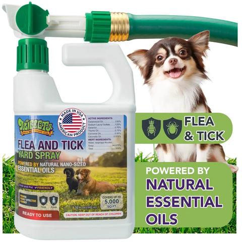 All Natural Flea And Tick Yard Spray For Outdoors With Essential Oils, Pet And Family Safe, shown with dog and yard scene.