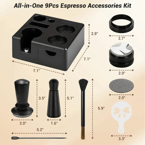 Game Changer 51 Mm Espresso Accessory Bundle serving as an on the fly barista station with 9 piece accessory kit dimensions.