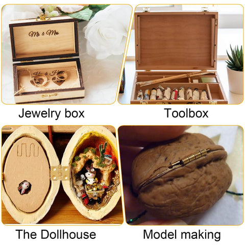 Gold Brass Tiny Hinges For Jewelry Boxes And Miniatures DIY Projects Includes 100 Hinges And 400 Screws 8 By 10 Millimeters With 6.5 By 5 Millimeter Hole Spacing Ideal For DIYers Wooden Boxes Cabinets And Miniature Furniture shown in various applications including jewelry box, toolbox, dollhouse, and model making.