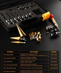 Front view of ZORUNNA 34-pc woodworking drill bit set in a black plastic case with silver bits and gold plug cutters.