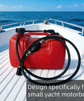 3 Gallon Outboard Fuel Transfer Tank With Fuel Line on boat deck, 12L HDPE, ideal for yacht motorboat, sunny sea background.