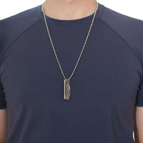 Titanium Mini Pocket Knife With Bottle Opener For EDC And Outdoor Gear worn as necklace