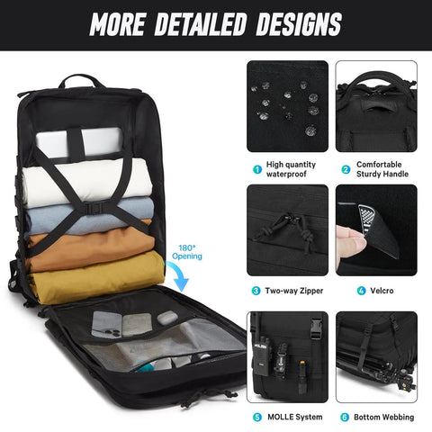 Built Tough Tactical Backpack For Men 46L Water Resistant Military Pack With MOLLE System open with detailed features shown