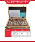 103 Piece Ceramic Rectangular Gauge Block Set Dead Nuts Accurate Killer Wear Resistance Precision Machining Tools For Micrometer And Caliper Inspection, wooden case open with blocks and size chart.