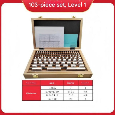 103 Piece Ceramic Rectangular Gauge Block Set Dead Nuts Accurate Killer Wear Resistance Precision Machining Tools For Micrometer And Caliper Inspection, wooden case open with blocks and size chart.
