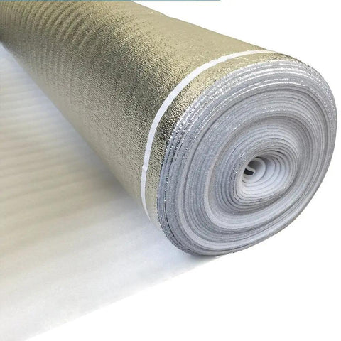 Heavy Duty Floor Underlayment With Advanced Moisture Vapor Barrier And Slick Silver Chrome Finish roll displaying anti crush technology and cushioning.