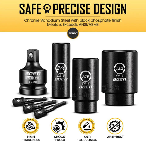 1/2 Inch Drive SAE Impact Socket Set 3/8 to 1-1/2 Inch 6-Point Deep Sockets With Portable Case Rugged CR-V Steel illustration