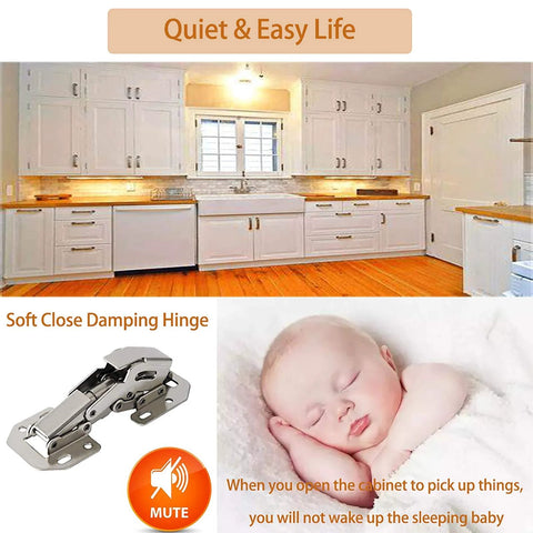 Soft Close Hidden Hinges For Frameless Cabinet Doors 12 Pack, Concealed Surface Mount with kitchen and sleeping baby shown