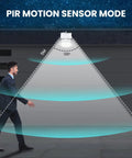 Man walking under Solar Led Outdoor Flood Light With Motion Sensor Wireless Security Lighting showing 120-degree beam range