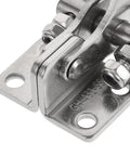Close-up of adjustable stainless steel toggle latch lock built tough heavy duty metal draw latch for toolbox door cabinet and wood box fastening with quick release non-slip handle secure and easy to use, highlighting bolt details.