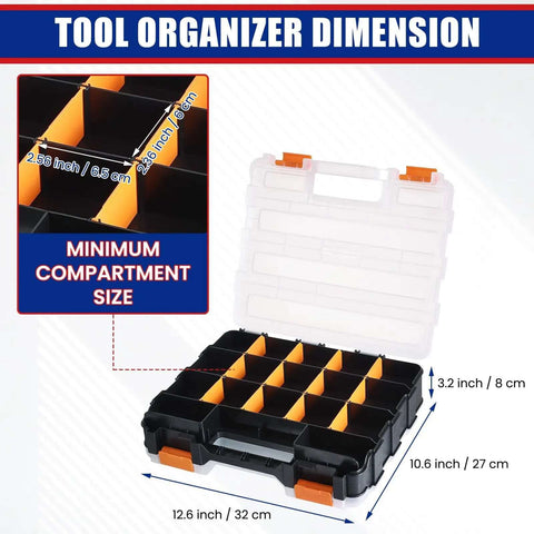 Double Sided Small Parts Organizer Box With 34 Compartments And Removable Dividers, black and orange plastic, open view