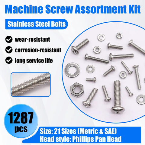 1287 Piece Nuts And Bolts Assortment Kit Made From Badass 304 Stainless Steel With Metric And Sae Sizes And Phillips Pan Head Screws Plus Washers In Rock Solid Rust Proof Portable Case For Any Diy Project showing stainless steel bolts and washers.