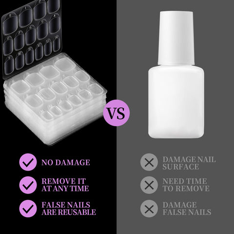Comparison of 600 Pieces Press On Nail Adhesive Tabs Set and traditional nail glue for nail application.