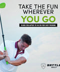 Man using Telescopic Golf Club For Kids And Adults Adjustable From 46 To 83 Cm With Oversized Head, outdoors in a park setting.