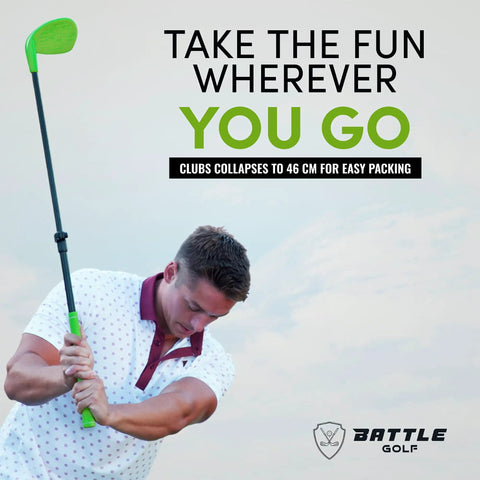 Man using Telescopic Golf Club For Kids And Adults Adjustable From 46 To 83 Cm With Oversized Head, outdoors in a park setting.