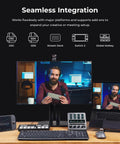 Tiny But Mighty AI Auto Tracking 4K Webcam With Triple Mic Spatial Audio next to computer and Stream Deck setup for content creators.