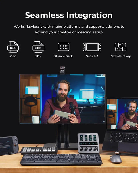 Tiny But Mighty AI Auto Tracking 4K Webcam With Triple Mic Spatial Audio next to computer and Stream Deck setup for content creators.