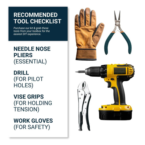 Tool checklist for 4 Pack Couch Sagging Cushion Repair Kit, showing needle nose pliers, drill, vise grips, and work gloves.
