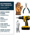 Recommended tools for Built Tough Couch Spring Repair Kit include pliers, drill, vise grips, and gloves for easy DIY fixes.