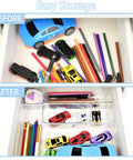 Clean Up Your Counters With This Super Solid 15 Piece Clear Plastic Drawer Organizer Set With Premium Stackable Tray Layout, organized drawer before and after.
