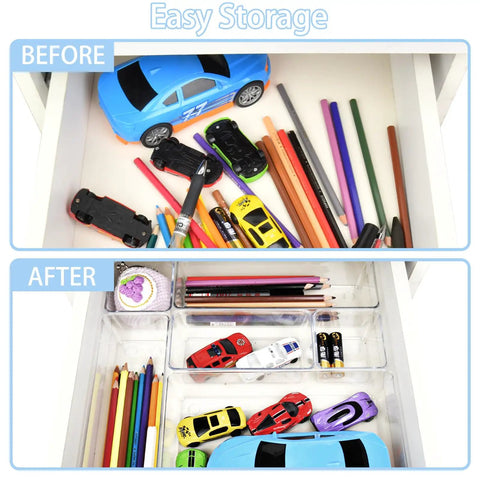 Clean Up Your Counters With This Super Solid 15 Piece Clear Plastic Drawer Organizer Set With Premium Stackable Tray Layout, organized drawer before and after.